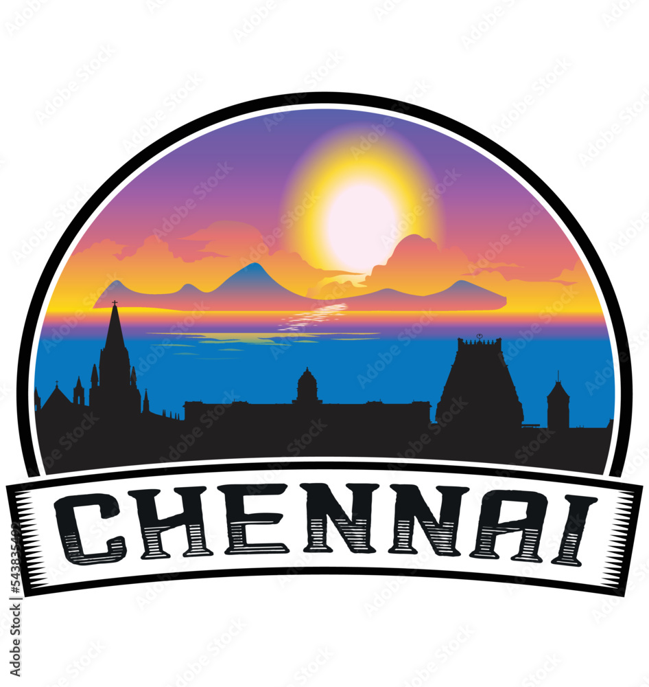 Chennai India Skyline Sunset Travel Souvenir Sticker Logo Badge Stamp Emblem Coat of Arms Vector Illustration EPS