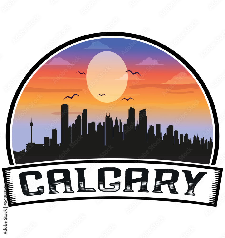 Calgary Canada Skyline Sunset Travel Souvenir Sticker Logo Badge Stamp Emblem Coat of Arms Vector Illustration EPS