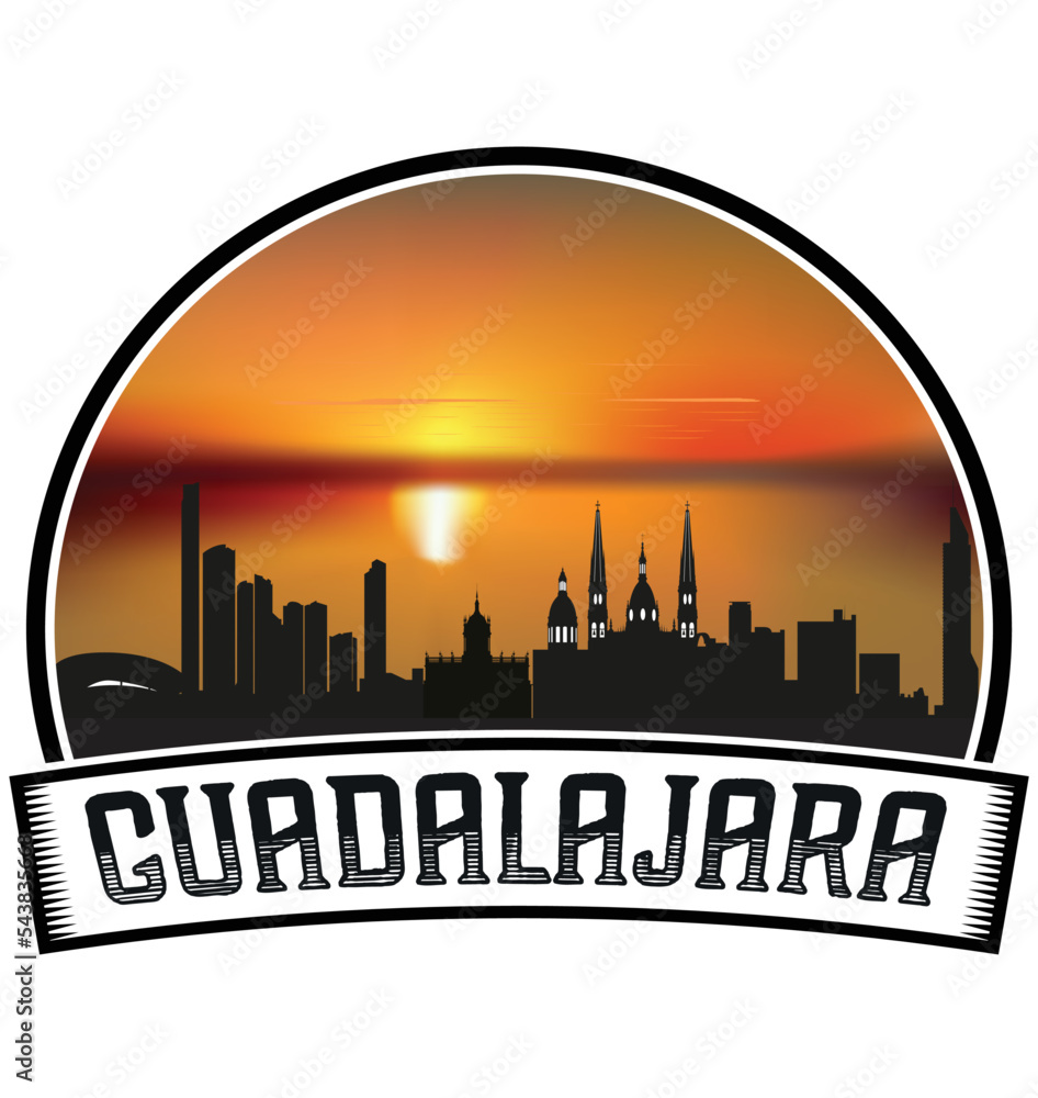 Guadalajara Mexico Skyline Sunset Travel Souvenir Sticker Logo Badge Stamp Emblem Coat of Arms Vector Illustration EPS