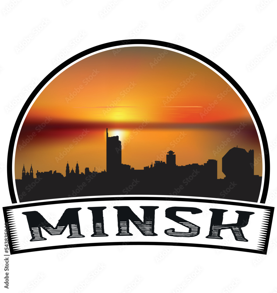 Minsk Belarus Skyline Sunset Travel Souvenir Sticker Logo Badge Stamp Emblem Coat of Arms Vector Illustration EPS