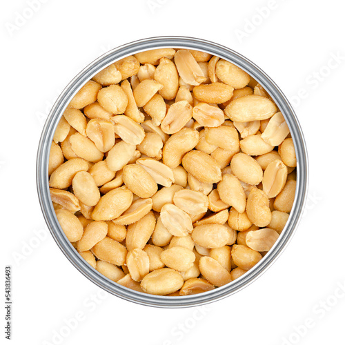 Roasted and salted peanuts in an opened tin can, close-up, from above, isolated, over white. Snack food, made from fruits of Arachis hypogaea, also groundnut, goober, pindar or monkey nut. Food photo. photo