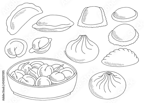 Dumplings set graphic food black white sketch isolated illustration vector