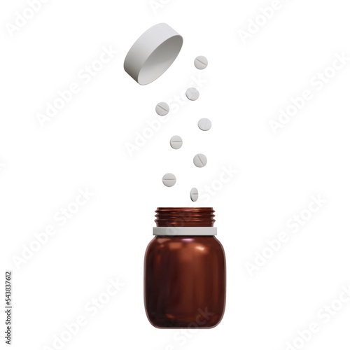 3D falling pills tablets with bottle mockup on a white background. Antibiotic, vitamin drugs. Vector illustration