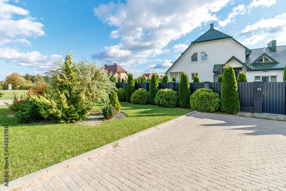 Fototapeta premium Lawn with thuja on border with pedestrian pathway made of paving slabs in park