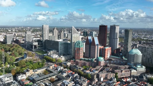 The Hague urban skyline of the center in The Netherlands south Holland, houses dutch government embassier ministires and supreme court and royal family. Aerial drone view. photo