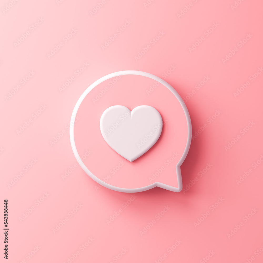 Sweet pink 3d love like heart social media notification speech bubble icon pin isolated on light pink pastel color wall background with shadow minimal conceptual 3D rendering