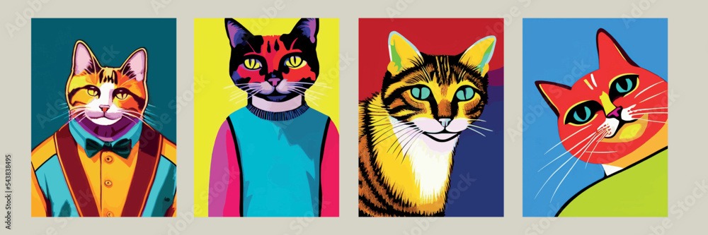 colorful cat head icon on pop art style. charming colorful cat animals ...