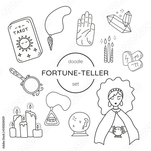 Hand drawn set of fortune teller, soothsayer.