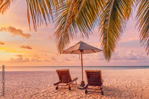 Amazing beach. Chairs on the sandy beach sea. Luxury summer holiday and vacation resort hotel for tourism. Inspirational tropical landscape. Tranquil scenery, relax beach, beautiful landscape design