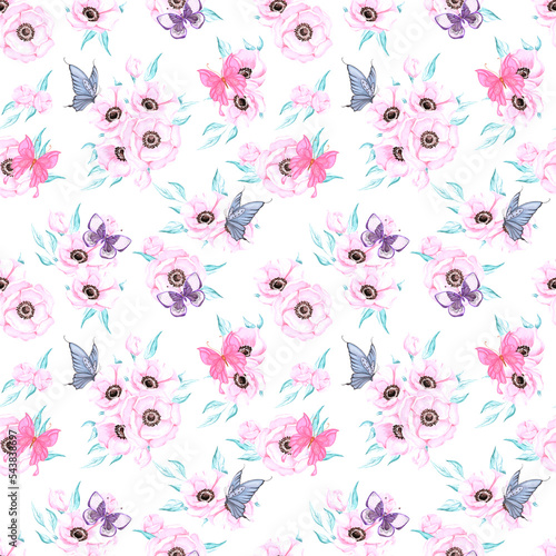 Handdrawn anemone and butterfly seamless pattern. Watercolor purple flowers with blue and pink butterfly on the white background. Scrapbook  poster  label  banner  textile.