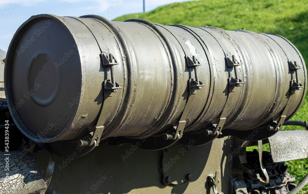 Thermal smoke equipment for placing smoke screens on tanks, combat vehicles and armored personnel carriers. Large cylindrical tanks at the stern of the tank. Barrels are used as tanks for fuel or oil. Thermal smoke equipment for placing smoke screens on tanks, combat vehicles and armored personnel carriers. Large cylindrical tanks at the stern of the tank. Barrels are used as tanks for fuel or oil.