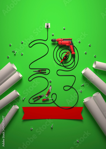 Creative 2023 New Year design template on engineering, construction and maintenance theme. 3d render illustration for a greeting card, calendar or banner.