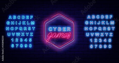 Cyber games neon signboard. Luminous lettering. Glowing blue alphabet. Vector stock illustration