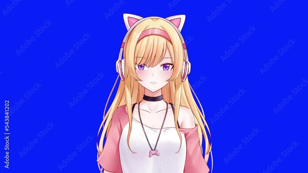 Anime girl Vtuber on blue screen interact with viewers, virtual template 4K Anime girl Vtuber on blue screen interact with viewers, virtual template 4K