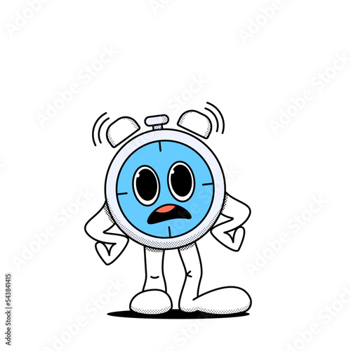 Alarm clock, stopwatch stands in a displeased pose. Business concept, deadline. Doodle style. Stock vector illustration of alarm clock, stopwatch in cartoon style. Isolated white background.