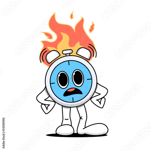 Alarm clock, stopwatch stands in a displeased pose. A fire burns above him. Business concept, deadline. Doodle style. Stock vector illustration of alarm clock, stopwatch in cartoon style. 