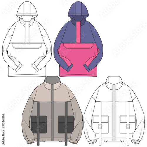 Windbreaker jacket technical fashion illustration, long sleeves, welt pockets. template front sketch jacket