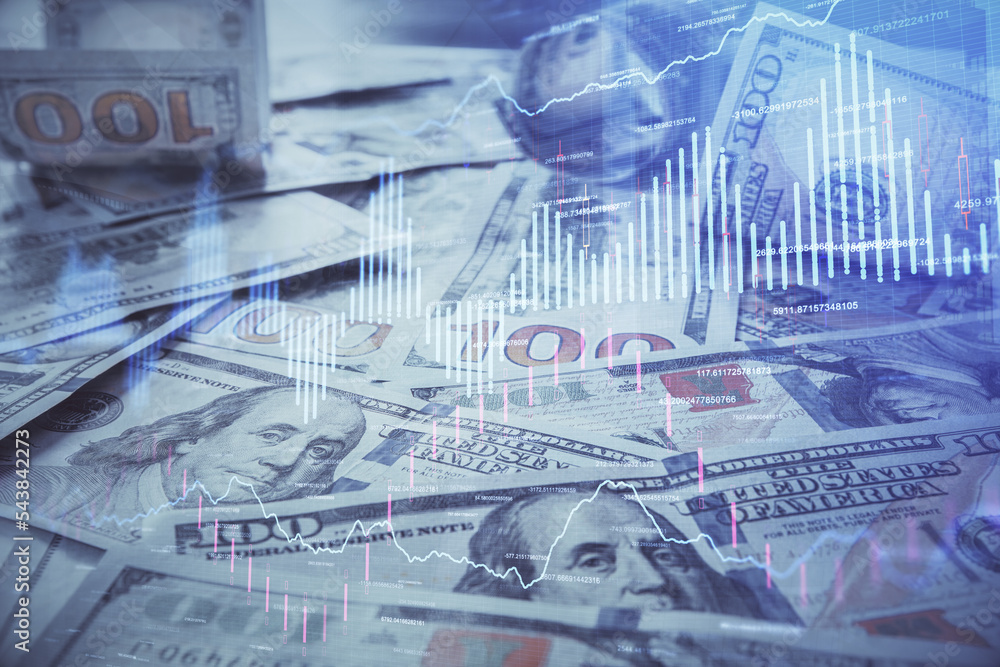 Multi exposure of forex chart drawing over us dollars bill background. Concept of financial success markets. Multi exposure of forex chart drawing over us dollars bill background. Concept of financial success markets.
