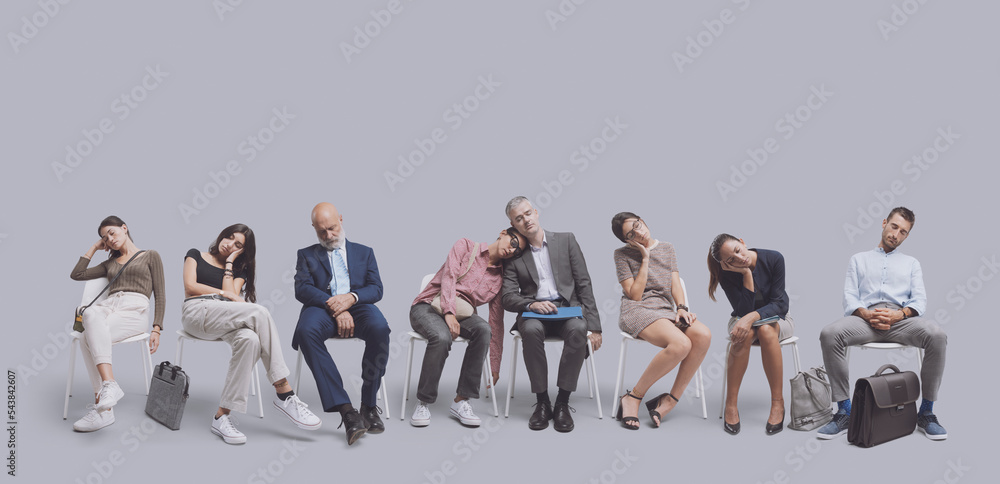 Exhausted people falling asleep in the waiting room - obrazy, fototapety, plakaty 