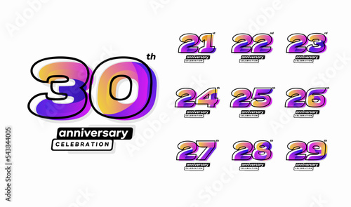 Colorful modern anniversary celebration logotype set. 21, 22, 23, 24, 25, 26, 27, 29, 30 photo
