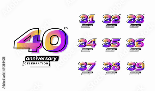 Colorful modern anniversary celebration logotype set. 31, 32, 33, 34, 35, 36, 37, 38, 39, 40 photo