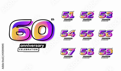 Colorful modern anniversary celebration logotype set. 51, 52, 53, 54, 55, 56, 57, 58, 59, 60 photo