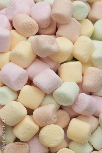 Top view of delicious soft sweet colorful marshmallows