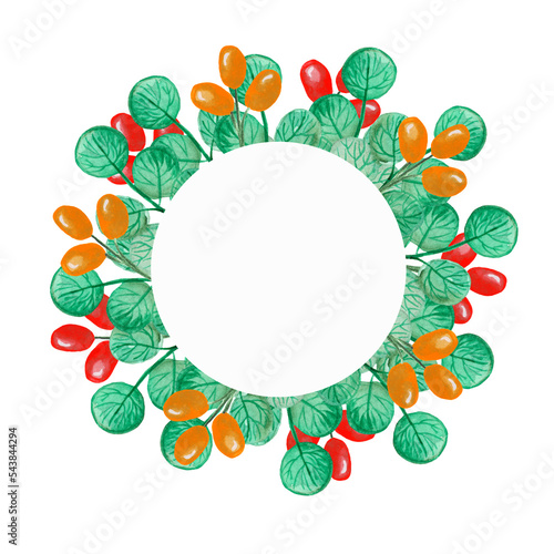 Round watercolor frame from northern leaves, round leaves, red and yellow berries template, your inscription photo