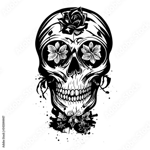 Pirate skull sketch vector illustration, Vintage skull with flower for t-shirt or poster design. Stylish jolly roger icon illustration.