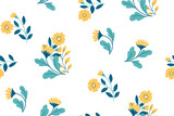 Seamless floral pattern, cute ditsy print with decorative wild plants in folk style. Pretty flower design with small flowers branches, leaves in an abstract arrangement on a white background. Vector.