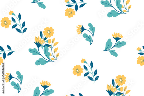 Seamless floral pattern, cute ditsy print with decorative wild plants in folk style. Pretty flower design with small flowers branches, leaves in an abstract arrangement on a white background. Vector.