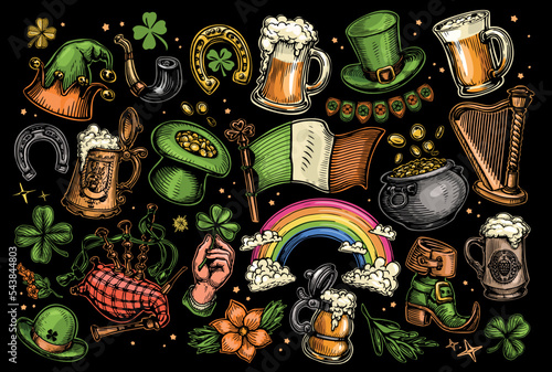 St Patricks day symbol set. Collection of design elements for holiday card, banner, invitation. Irish holiday concept