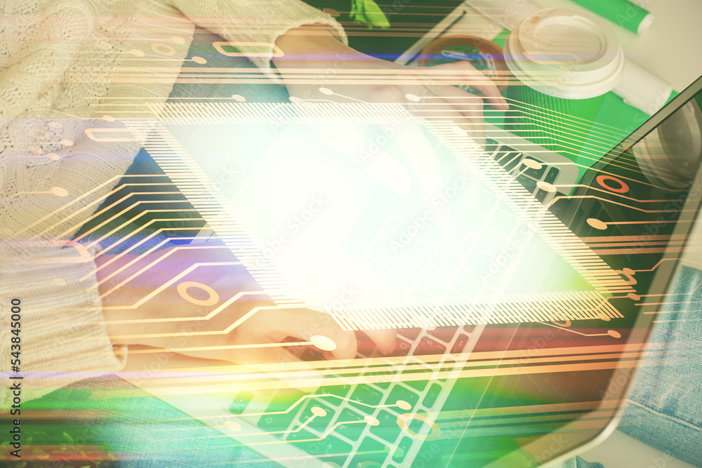 Double exposure of woman hands working on computer and data theme hologram drawing. Tech concept. Double exposure of woman hands working on computer and data theme hologram drawing. Tech concept.