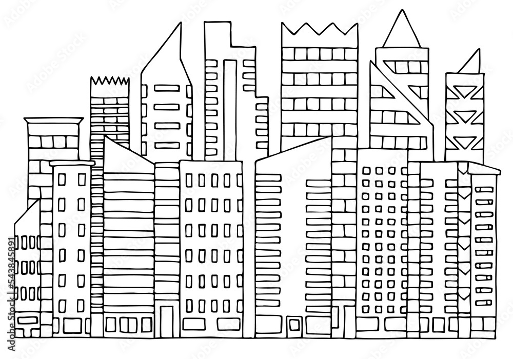 Modern city with skyscrapers. Hand Drawn. Freehand drawing. Doodle. Sketch. Outline. Coloring book.	
