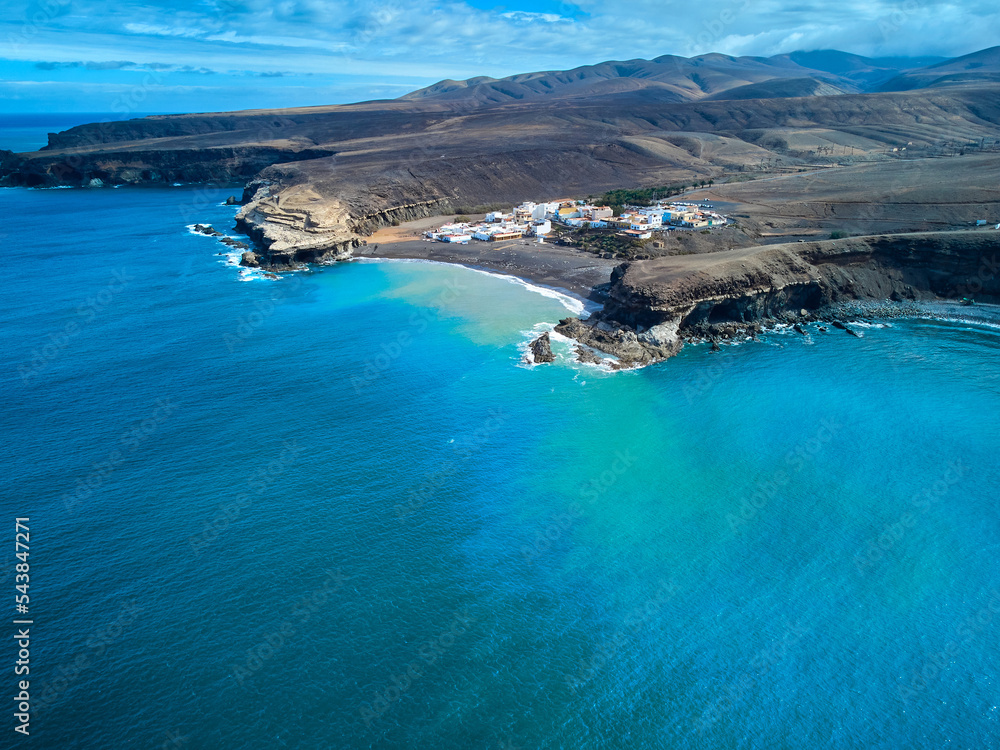 Fototapeta premium Aerial view of the Atlantic Ocean and the coastline in Ajuy Fuerteventura island drone photography