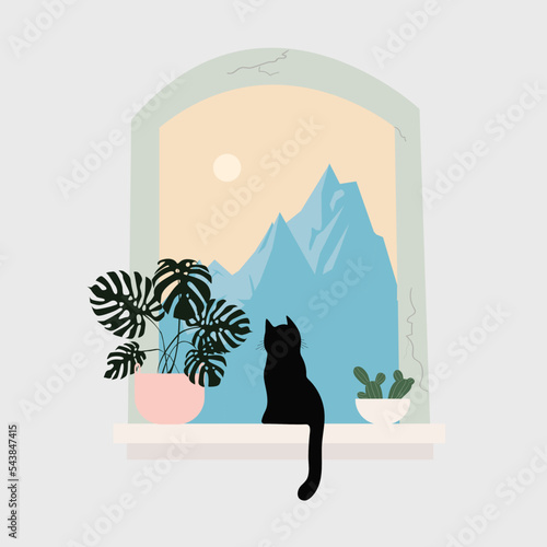  View from the window. Black cat peeking through the window at a mountain landscape. Vector illustration. Design elements for summer textiles or clothes.
 space for your text