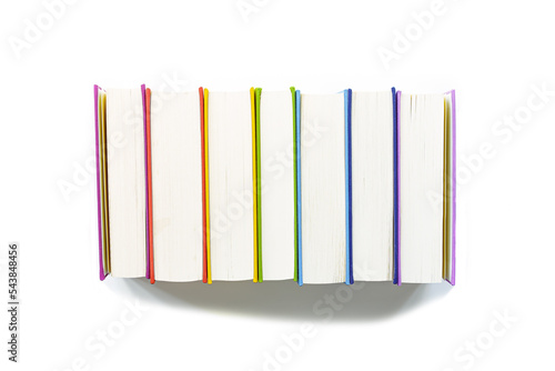 Multicolors books minimal pattern with bright colorful cover, handback books, Top view mockup for library, education theme. Read paper book and study concept. Isolated on white background photo