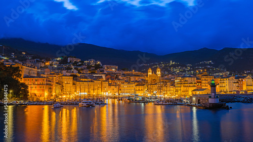 Old town and marina of Bastia on Corsica at blue hour, France
