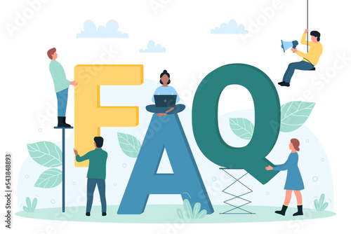 Frequently asked questions vector illustration. Cartoon group of curious tiny people holding FAQ letters and using laptop to help in search of answer, solution and information. Helpdesk concept