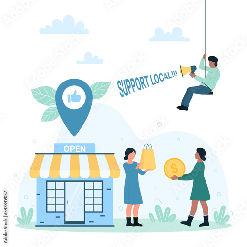Support for owners of small businesses from community vector illustration. Cartoon tiny people holding shopping bags, dollar coin to buy in retail store, announce via megaphone help for local business