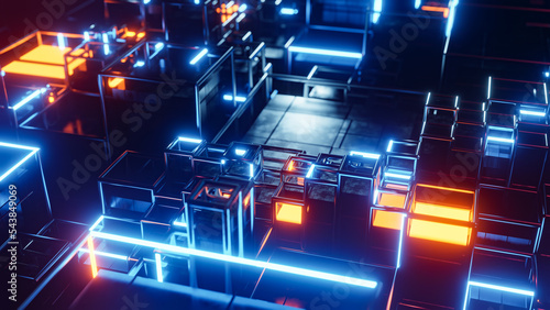 Sci-fi city has glowing neons and a bright window. 3D rendering illustration