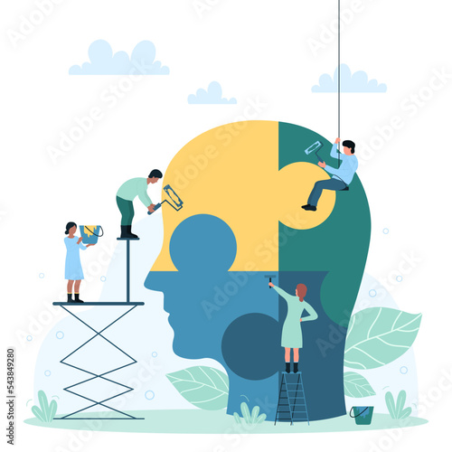 Brain health, psychology and education vector illustration. Cartoon tiny people work with puzzle jigsaw in human head, study, care and support pieces of brainteaser, help to solve intellectual problem