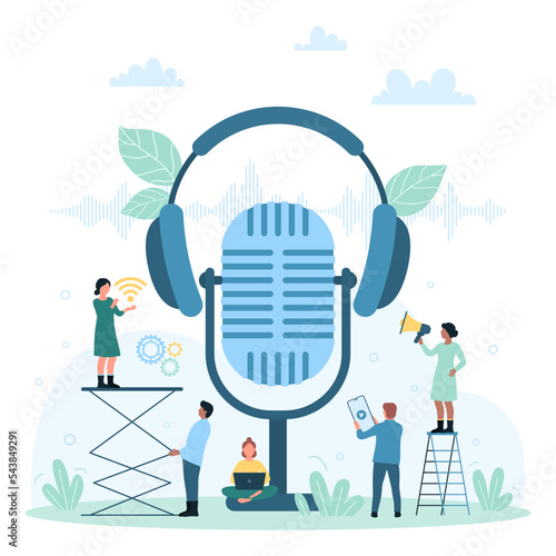 Audio podcast vector illustration. Cartoon tiny people record sound with big microphone, listen voice messages with headphones, characters making online broadcast talk show with modern equipment