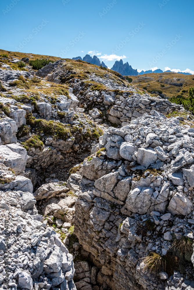 Remains of military trenches on Mount Piano in the Dolomite Alps, built during the First World War Remains of military trenches on Mount Piano in the Dolomite Alps, built during the First World War
