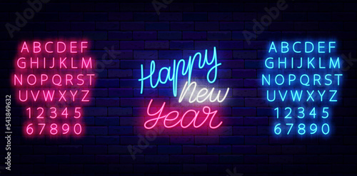 Happy New Year neon lettering. Luminous advertising. Glowing blue and pink alphabet, Vector stock illustration