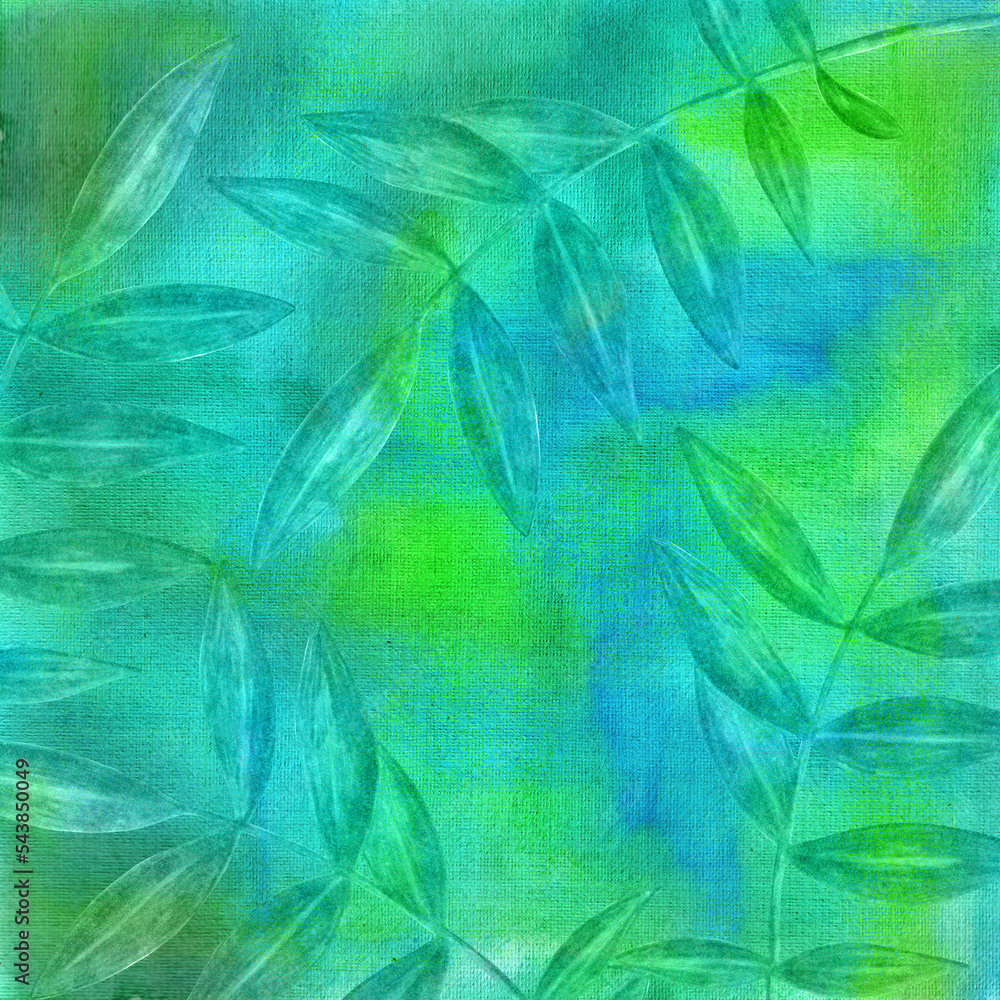 Fototapeta premium Green Flower Leaves on Blue and Green Watercolor Background. Backdrop with Hand Drawn Flower.
