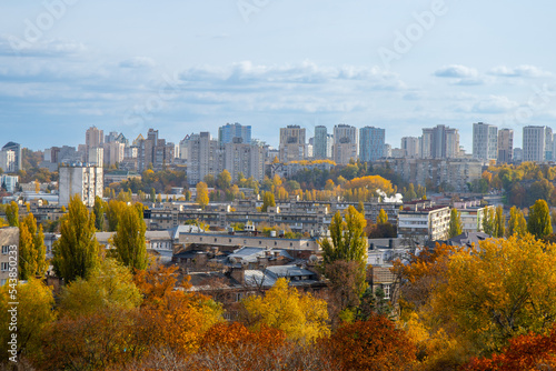 City building. Multi-storey residential building. Panorama of autumn Kyiv, the capital of Ukraine. View overlooking the town.
