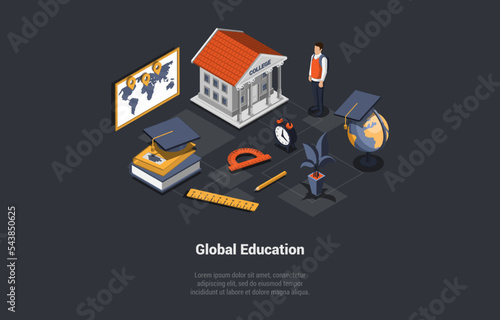 Global Education Program Concept. Boy Student With Backpack Near Stack Of Books, Alarm Clock, Globe, World Map, College Building. Internet Education Course Degree. Isometric 3D Vector Illustration