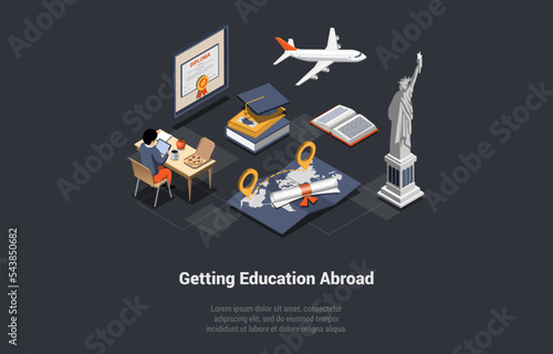 Education Abroad, Work And Travel Program Concept. Exchange Student Take A course Online Sitting At The Desk With Tablet In Hands. Internet Education Course Degree. Isometric 3D Vector Illustration