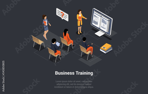Concept Of Business Training, Online Courses. Woman Coach Speaking Before Audience Of People. Mentor Presents Charts and Reports, at Seminar or Conference. Isometric 3d Cartoon Vector Illustration